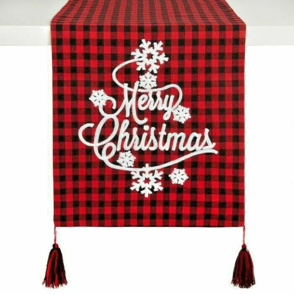 Merry Christmas Red Black Buffalo Plaid Snowflake Tassel Table Runner 72